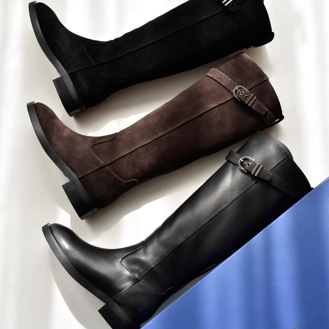 莞产高货欧美款牛皮美拉德机车风骑士靴冬季保暖拉链长靴高筒女靴