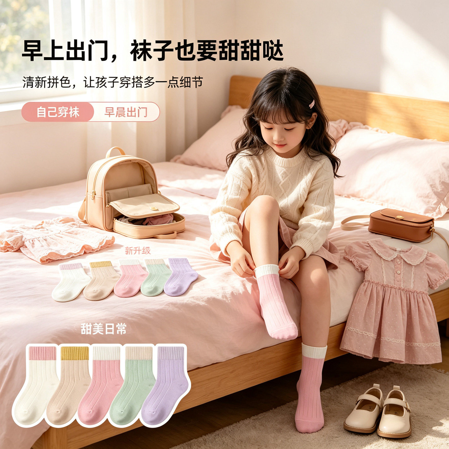 女童中筒袜薄款抗菌防臭拼色