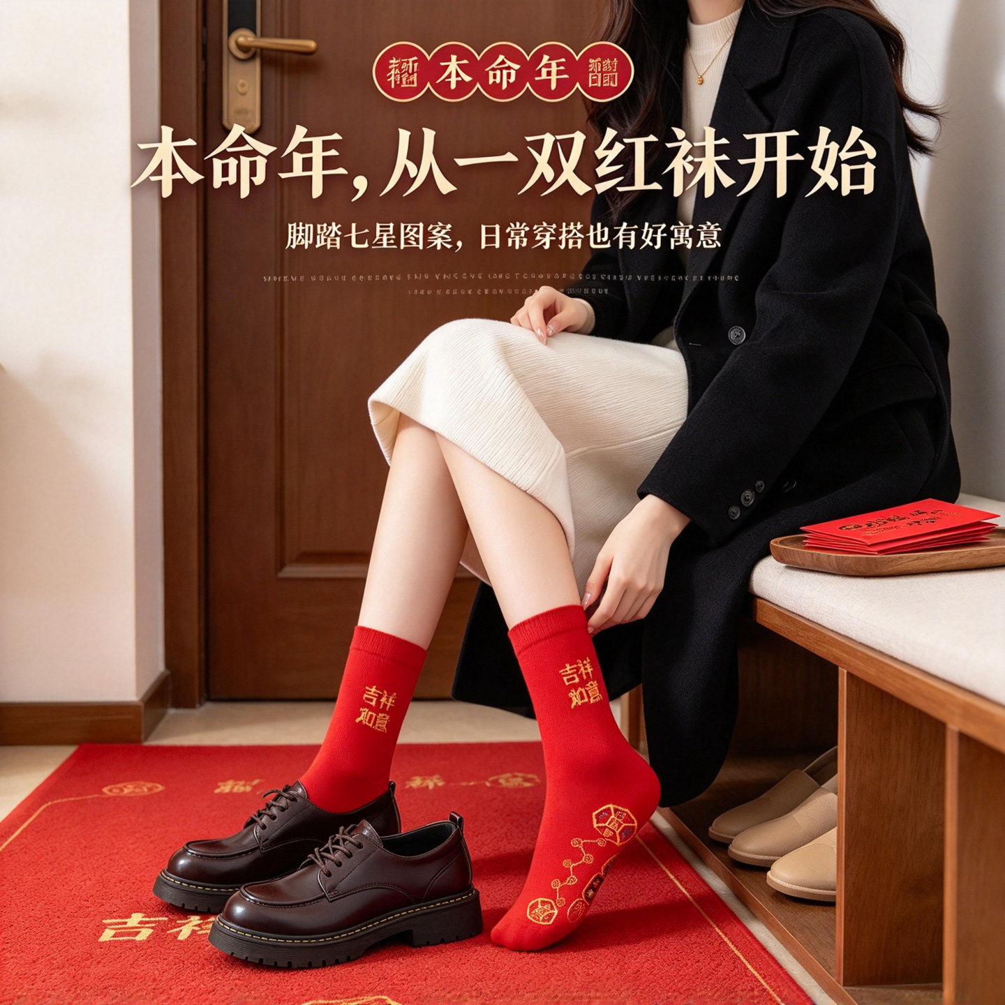 脚踏七星红袜子吉祥棉袜