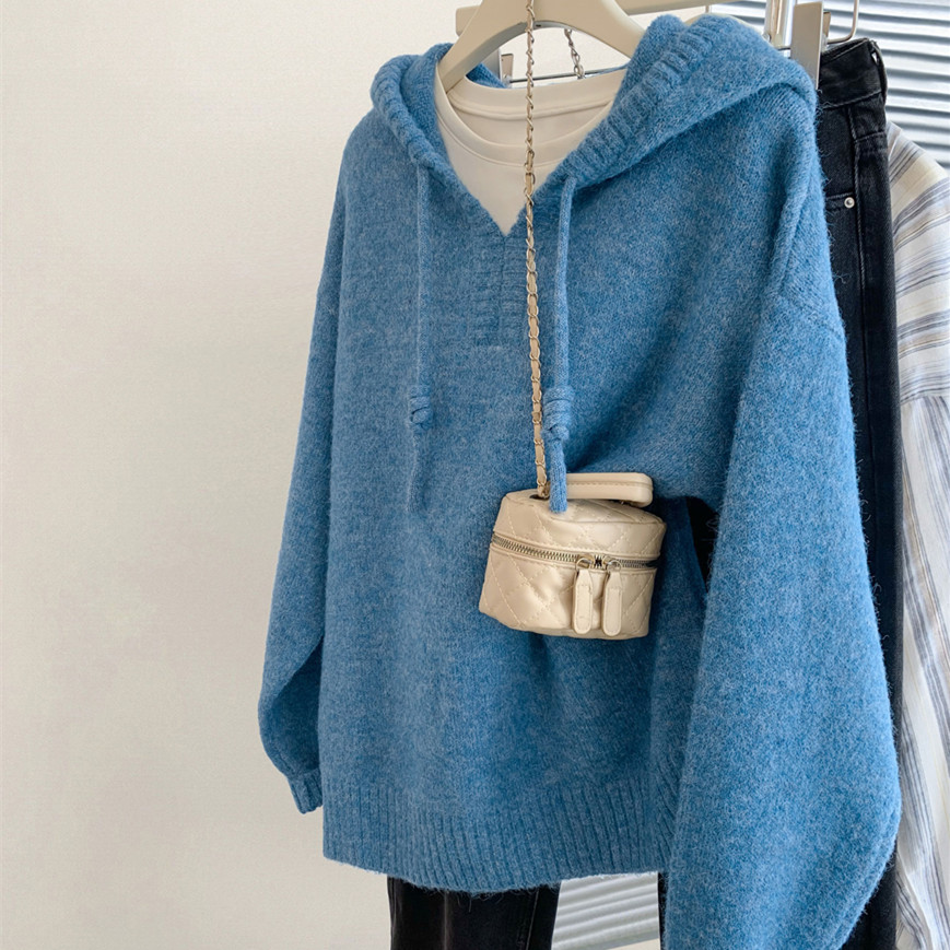 外贸原单尾货清仓高级感蓝色连帽针织衫女宽松慵懒风加厚毛衣外套