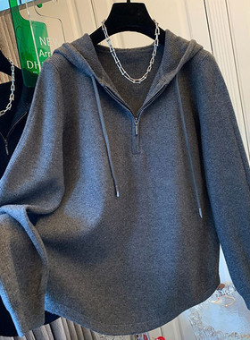 品牌折扣胖妹妹300斤大码女装连帽半拉链针织毛衣宽松慵懒风外套