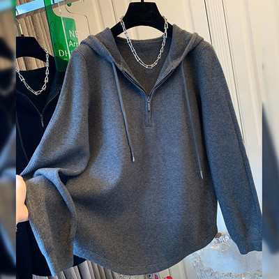 品牌折扣胖妹妹300斤大码女装连帽半拉链针织毛衣宽松慵懒风外套