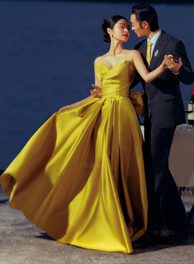 新款黄色礼服舞台演出艺考美声舞蹈晚宴表演服长款敬酒服晨袍名媛