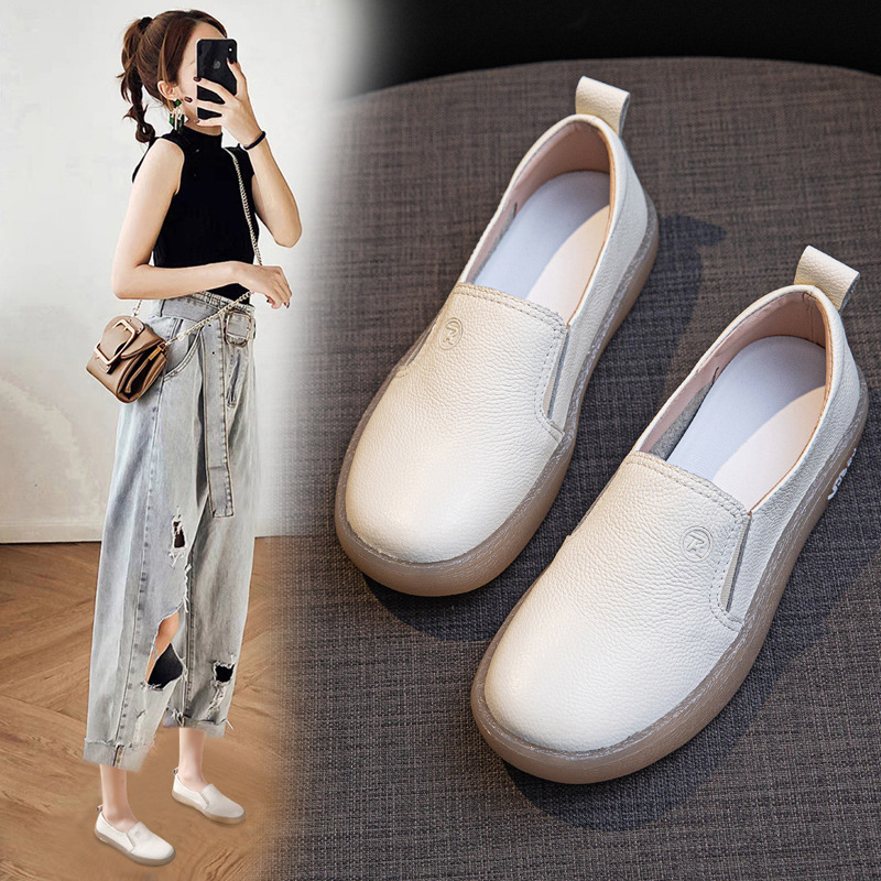 头层牛皮小白鞋女2025春夏新款孕妇软底妈妈鞋百搭一脚蹬乐福女鞋