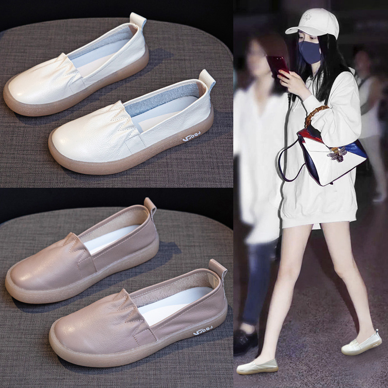 真皮镂空小白鞋女2025春夏新款一脚蹬乐福女鞋软底孕妇护士小皮鞋