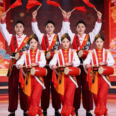 新款打鼓服男女喜庆中国风秧歌服安塞腰鼓扇子舞陜北民歌表演服装