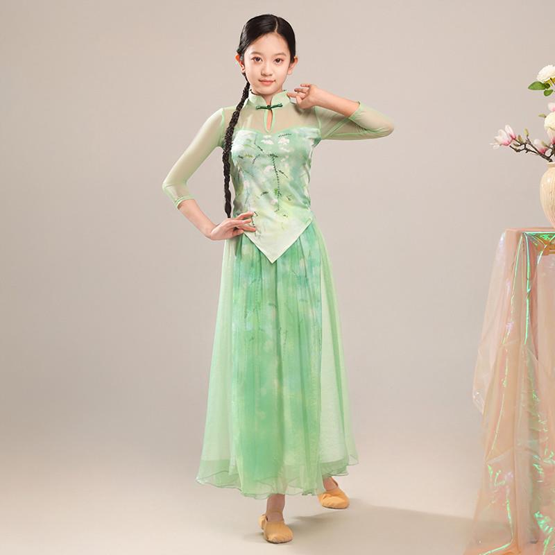 儿童古典舞蹈服女飘逸绿色纱衣中国舞练功服大摆裙旗袍领演出服装图片