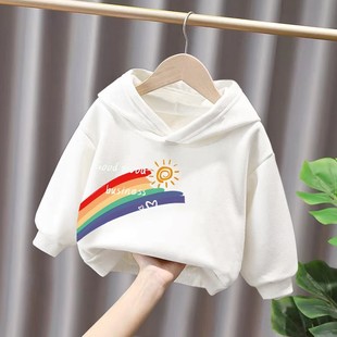 男女童连帽卫衣白色薄款春秋装新款儿童套头秋冬外套上衣百搭潮流