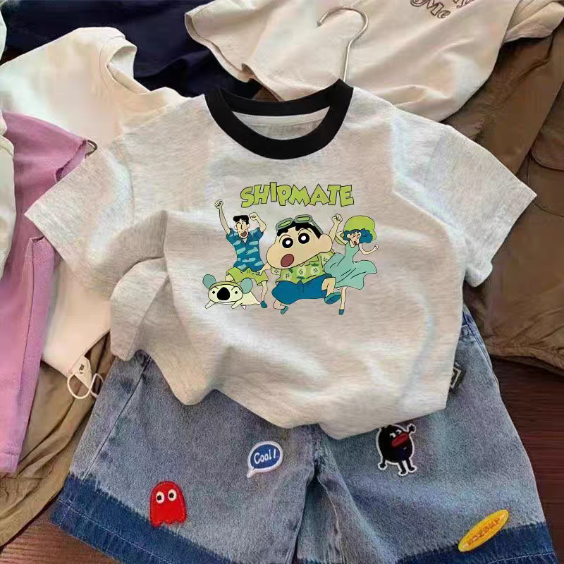 蜡笔小新字母印花纯棉短袖T恤男女童夏季薄款韩版洋气百搭上衣服