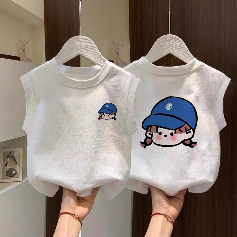 儿童纯棉无袖t恤夏季卡通新款中大童百搭休闲背心女童白色上衣服