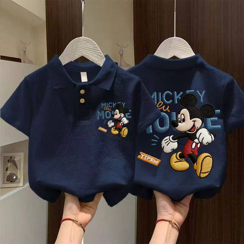 米奇男童纯棉短袖翻领polo衫夏季装新款女童百搭纽扣上衣印花T恤