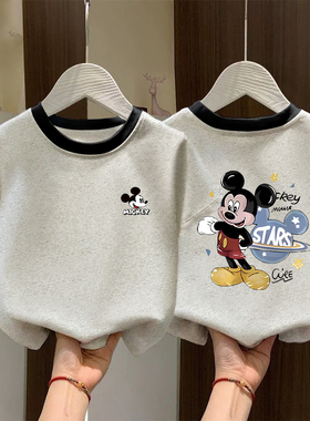 米奇字母印花纯棉短袖T恤男女童夏装新款酷帅百搭宽松上衣服ins潮