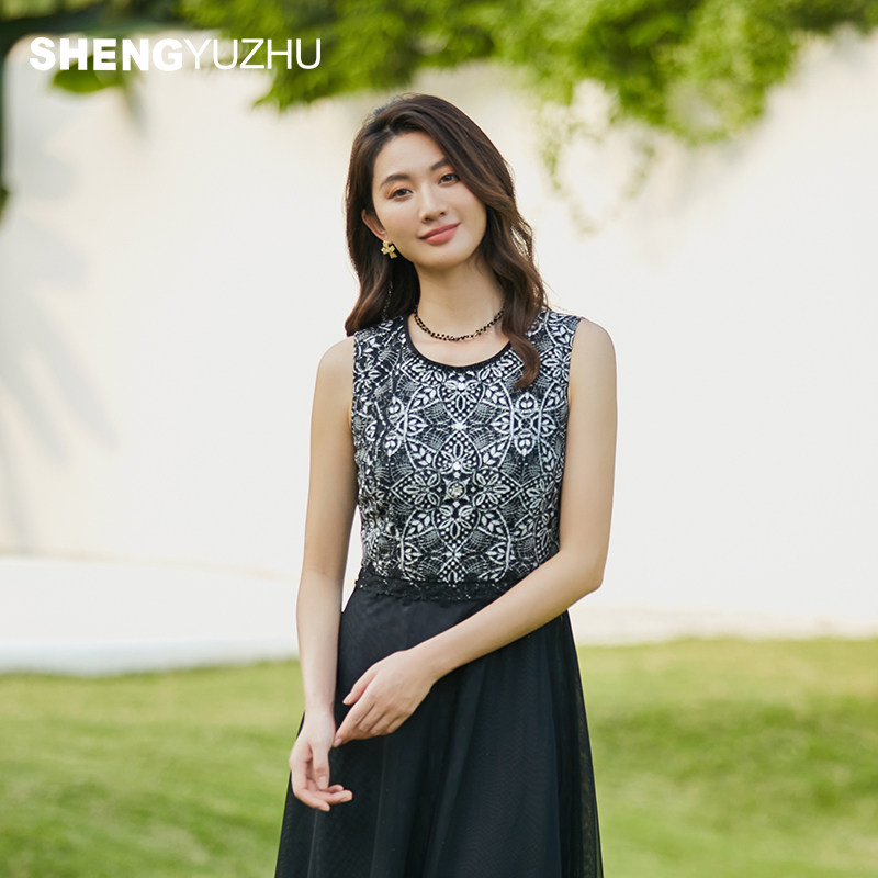 声雨竹官方旗舰店2026夏季无袖背心连衣裙圆领蕾丝A型优雅直筒裙