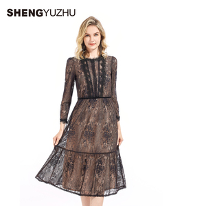 声雨竹官方旗舰店春夏新款女连衣裙商场同款长袖蕾丝裙子气质休闲