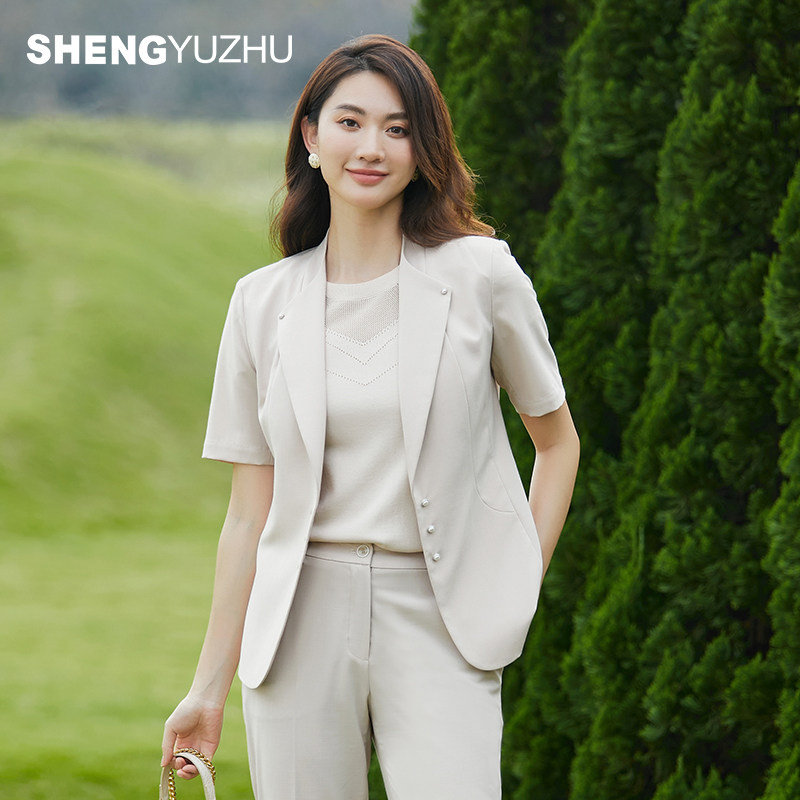 声雨竹官方旗舰店2026春夏通勤淑女短袖西装女西装领免烫气质外套