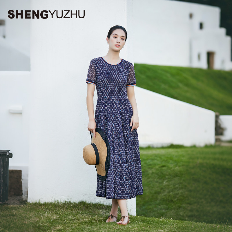 声雨竹官方旗舰店2026夏季圆领连衣裙女短袖高腰休闲优雅A字长裙