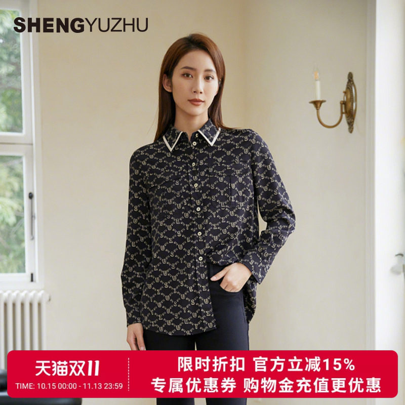 声雨竹衬衫女春装字母印花长袖衬衫中性POLO领通勤免烫中长款衬衣