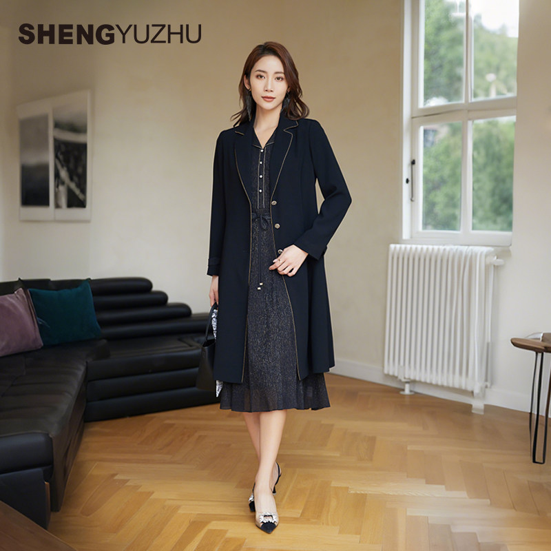 声雨竹风衣女中长款2026设计感立体裁剪西装领宽松通勤气质外套
