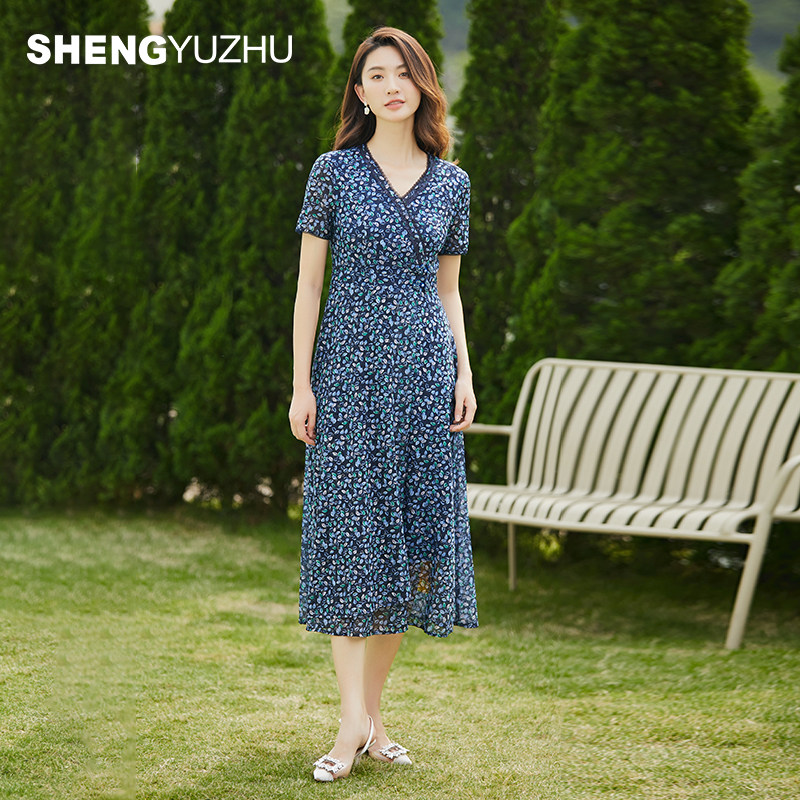声雨竹官方旗舰店2026春夏优雅风V领短袖A字连衣裙女高腰通勤休闲