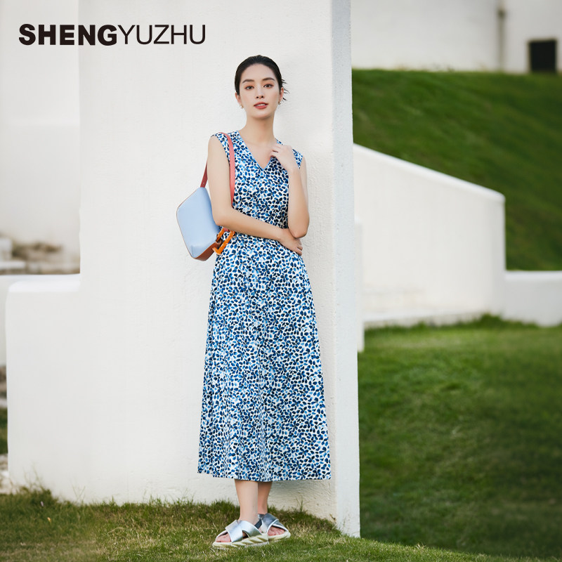 声雨竹官方旗舰店2026夏季深蓝花V领背心连衣裙女中高腰H型无袖裙