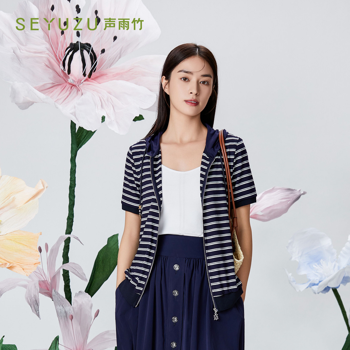 声雨竹官方旗舰店2026夏季连帽短袖外套女薄款免烫淑女下摆开衫