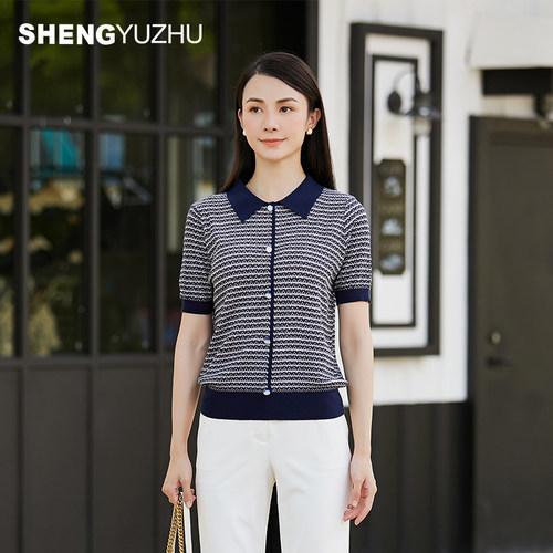 声雨竹官方旗舰店2026格圆领短袖线衫女春秋通勤淑女薄款针织上衣