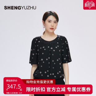 声雨竹官方旗舰店夏季新款女士上衣宽松半袖雪纺黑色波点气质休闲