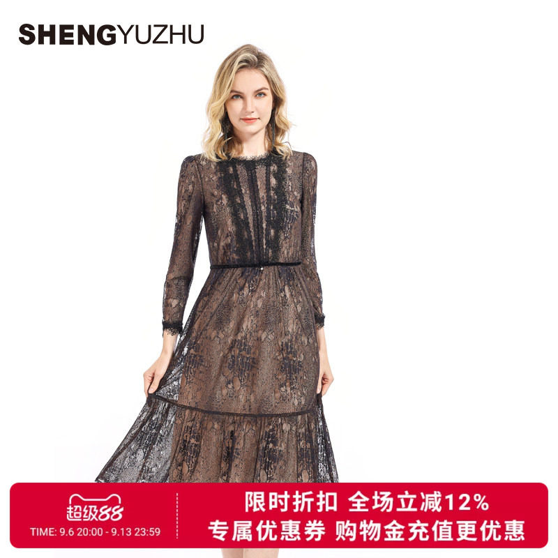 声雨竹官方旗舰店2026夏款女连衣裙商场同款长袖蕾丝裙子气质休闲