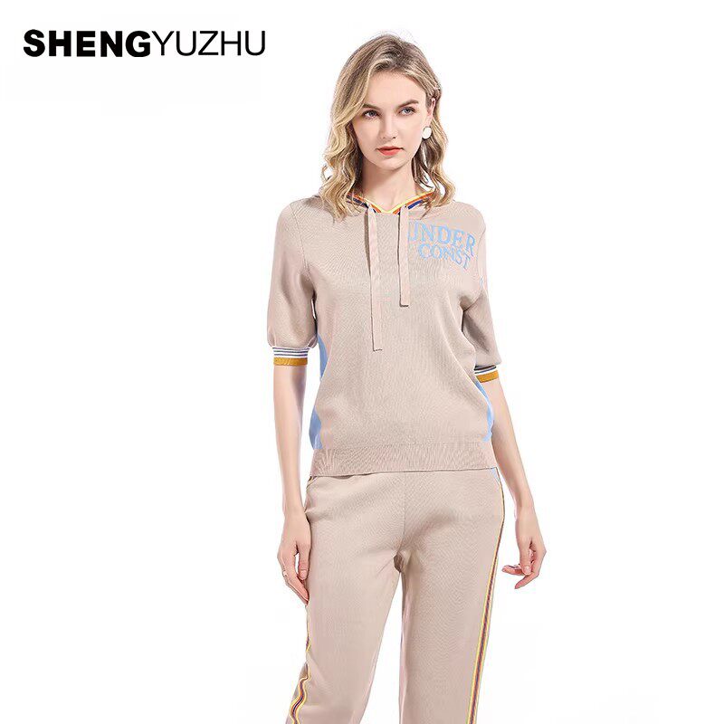 声雨竹官方旗舰店秋季新款毛针织衫女款短袖薄款连帽套头休闲卫衣