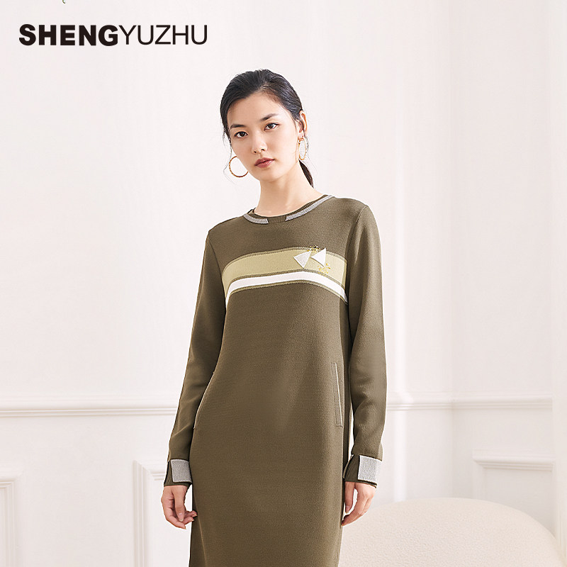 声雨竹2024夏季新款弹力A字短裙连衣裙女长袖圆领套头街头单件裙