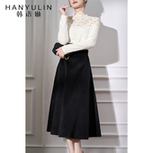 韩语琳黑色a字半身裙女2025新款 长裙子 毛呢裙高腰显瘦法式 春季 款