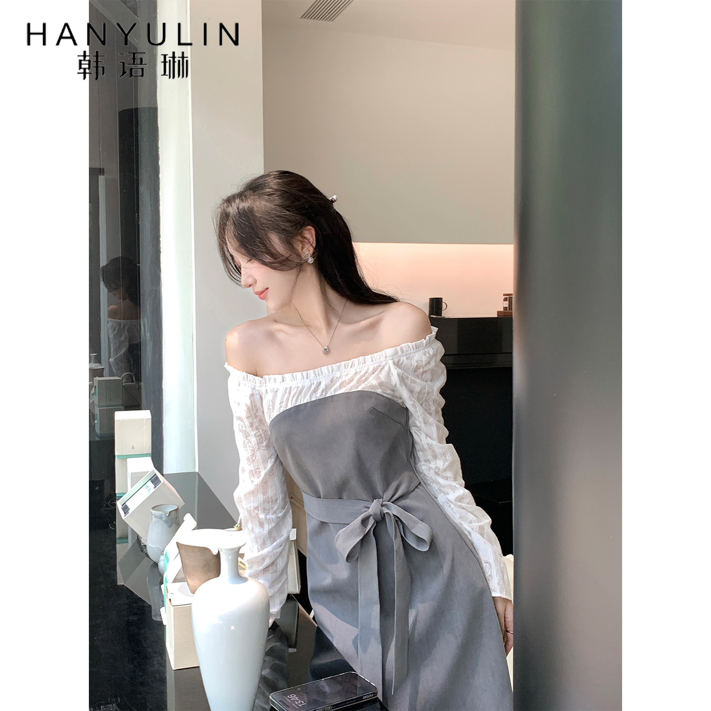 灰色短裙拼接衬衫裙女