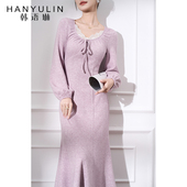 修身 韩语琳 显瘦鱼尾裙 连衣裙2025新款 女春季 法式 气质紫色长袖