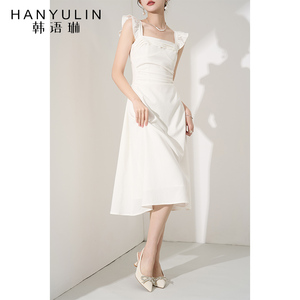韩语琳 法式白色飞袖连衣裙女2026漂亮气质显瘦高级感领证小白裙
