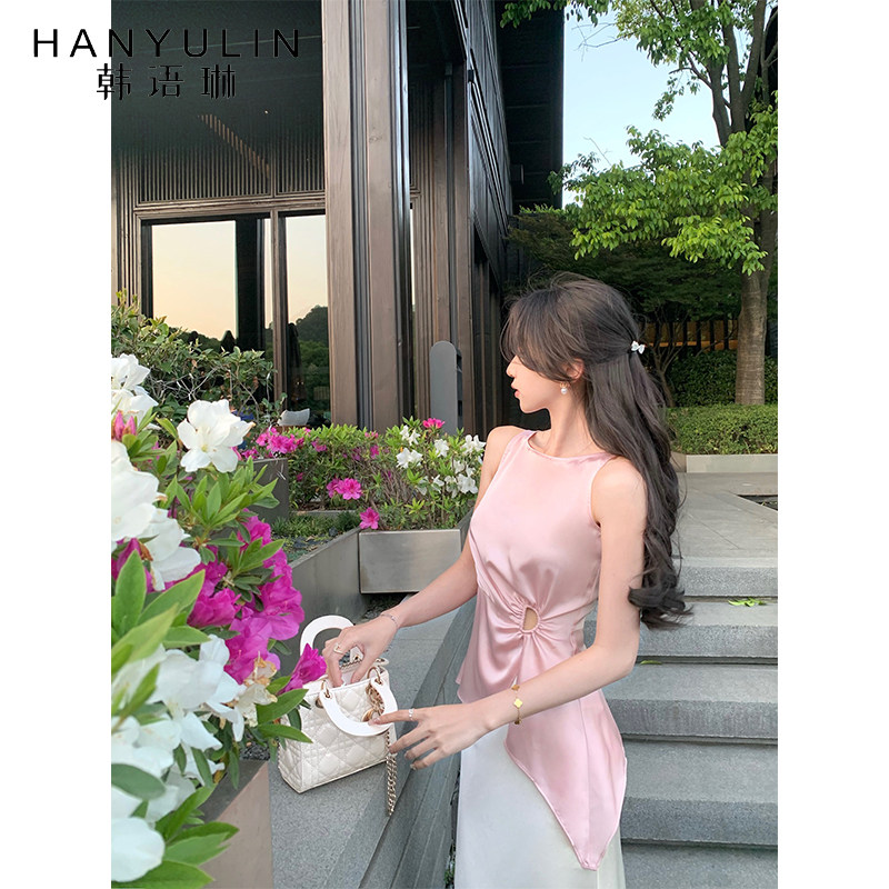 韩语琳 粉色缎面不规则无袖上衣女春季2025气质名媛独特别致背心,女装/女士精品,背心吊带,淘宝优惠券,粉丝福利购,淘宝优惠卷