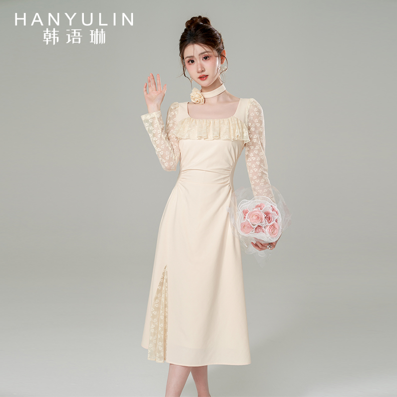 韩语琳法式气质a字裙中长连衣裙