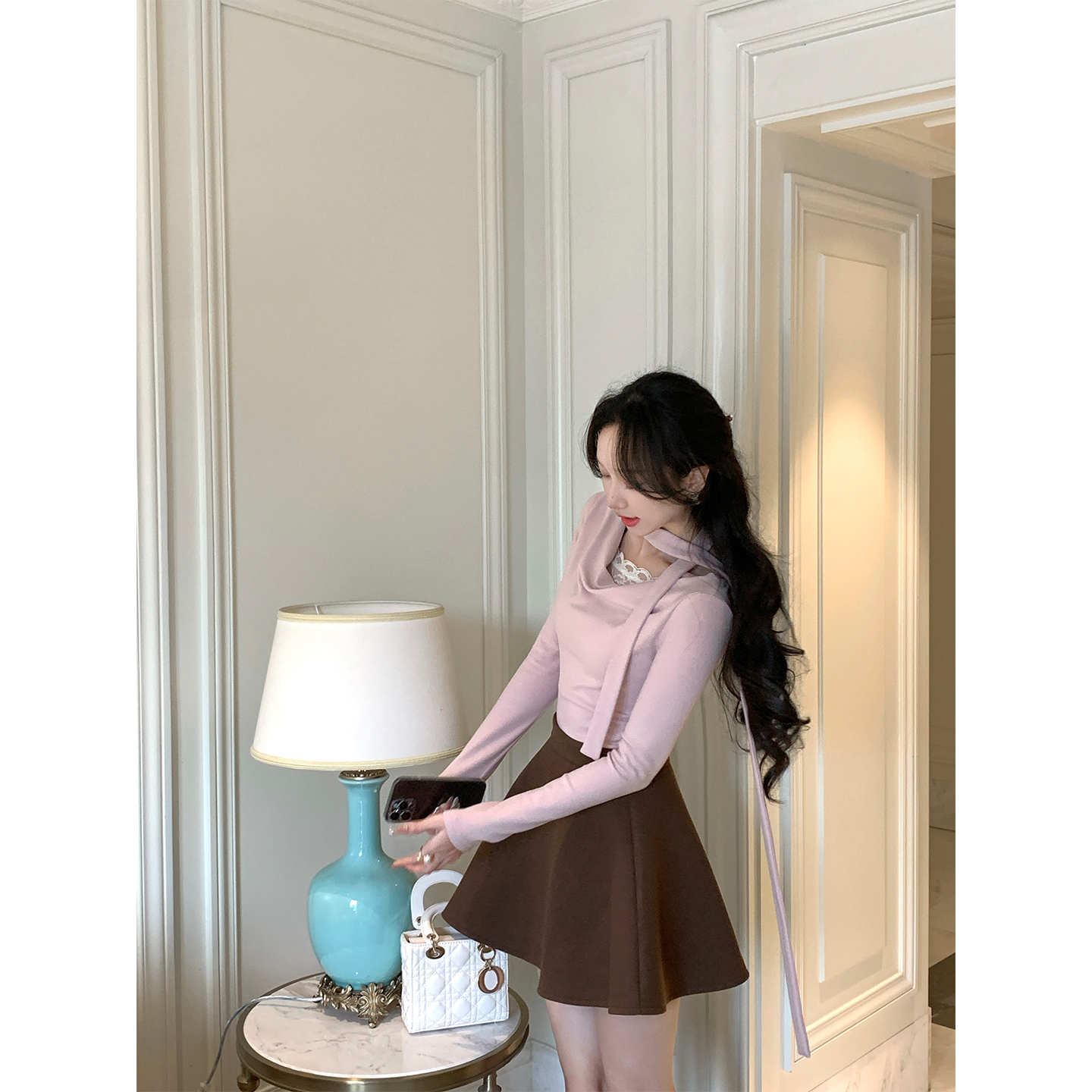 温柔千金风荡领粉色毛针织上衣