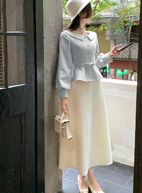 韩语琳/浅蓝色毛呢外套女冬季富家千金灯茏袖收腰上衣冬装套装裙