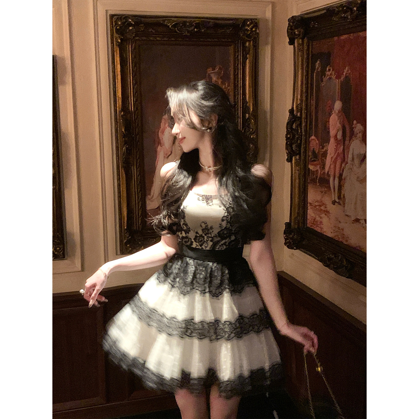 韩语琳 法式宫廷黑色蕾丝拼接网纱蛋糕裙女秋生日宴会公主风短裙