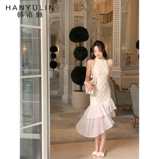 新款 复古蕾丝连衣裙拼接显瘦气质名媛鱼尾裙冬季 2025 法式 韩语琳