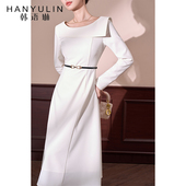 韩语琳白色长袖 气质小众设计收腰裙子 法式 连衣裙女春春款 2025新款