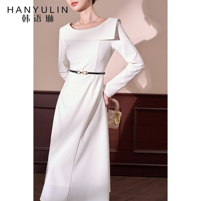 白色长袖连衣裙女设计收腰裙子