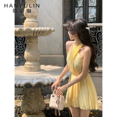 2025新款 法式 黄色连衣裙女春季 纯欲风气质高级感收腰显瘦公主短裙