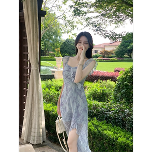 2026荷叶边开叉雪纺连衣裙 蓝色晕染印花吊带裙女春季 韩语琳 法式