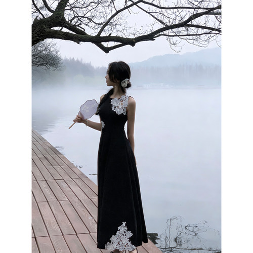 新中式黑色无袖连衣裙女
