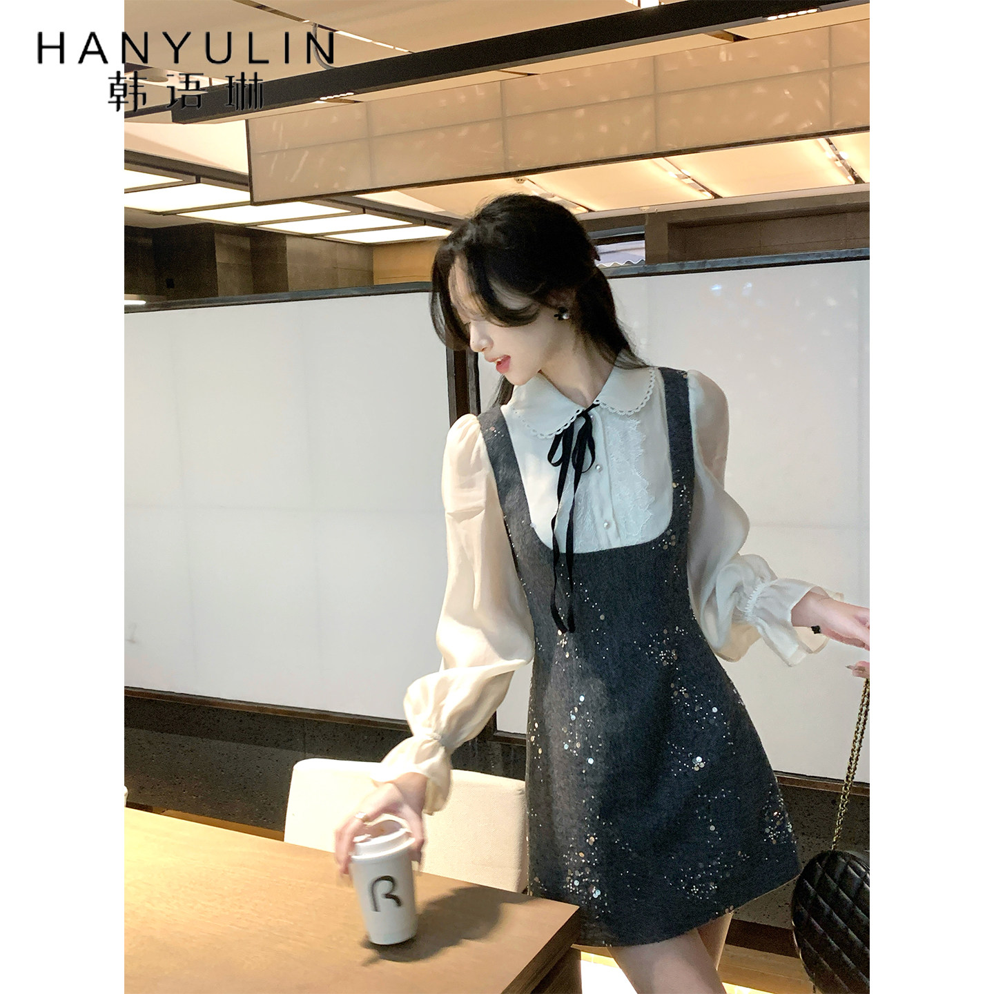 韩语琳 小香风亮片假两件连衣裙女2026新款法式长袖修身显瘦短裙,女装/女士精品,连衣裙,淘宝优惠券,粉丝福利购,淘宝优惠卷