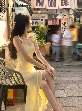 韩语琳 绝美黄色连衣裙女2025新款不规则荷叶边独特漂亮气质长裙