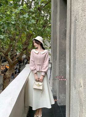 韩语琳/浅粉色毛呢外套女冬季富家千金灯茏袖收腰上衣冬装套装裙