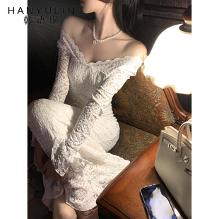 优雅气质修身 连衣裙女冬法式 鱼尾长裙 纯欲蕾丝一字肩长袖 韩语琳