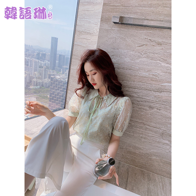 韩语琳蕾丝雪纺衫2020夏季女装新款短袖上衣两件套修身灯笼袖衬衫